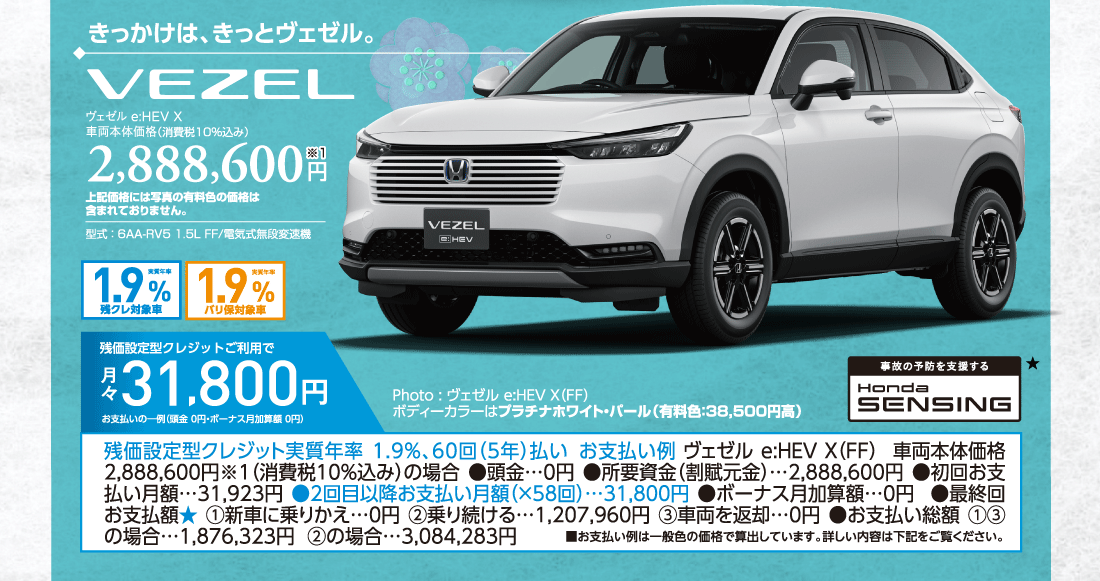 きっかけは、きっとヴェゼル。ヴェゼル e:HEV X車両本体価格（消費税10%込み）2,888,600円※1上記価格には写真の有料色の価格は含まれておりません。型式:6AA-RV5 1.5L FF/電気式無段変速機実質年率1.9%残クレ対象車実質年率1.9%バリ保対象車残価設定型クレジットご利用で月々31,800円お支払いの一例（頭金 0円・ボーナス月加算額 0円）残価設定型クレジット実質年率1.9%、60回（5年）払いお支払い例ヴェゼルe:HEV X（FF）車両本体価格 2,888,600円※1（消費税10%込み）の場合●頭金…0円●所要資金（割賦元金）…2,888,600円●初回お支払い月額…31,923円●2回目以降お支払い月額（×58回）…31,800円●ボーナス月加算額…0円●最終回お支払額★①新車に乗りかえ…0円②乗り続ける…1,207,960円③車両を返却…0円●お支払い総額①③の場合…1,876,323円②の場合…3,084,283円Photo:ヴェゼル e:HEV X（FF）ボディーカラーはプラチナホワイト・パール（有料色:38,500円高）事故の予防を支援するHondaSENSING★