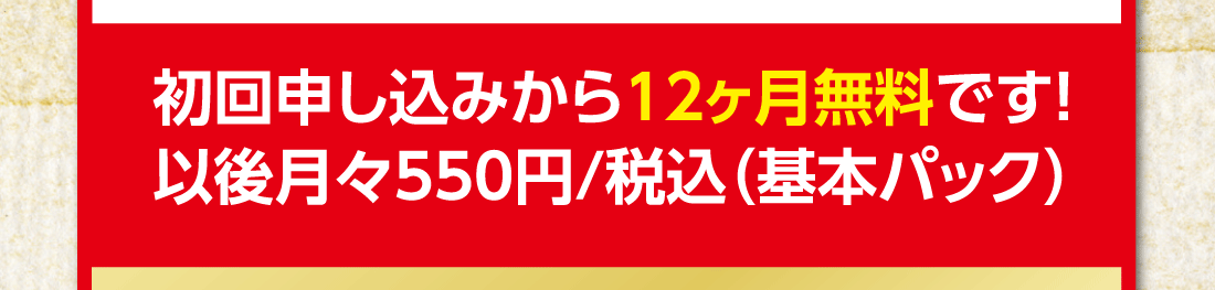 初回申し込みから12ヶ月無料です!以後月々550円/税込（基本パック）