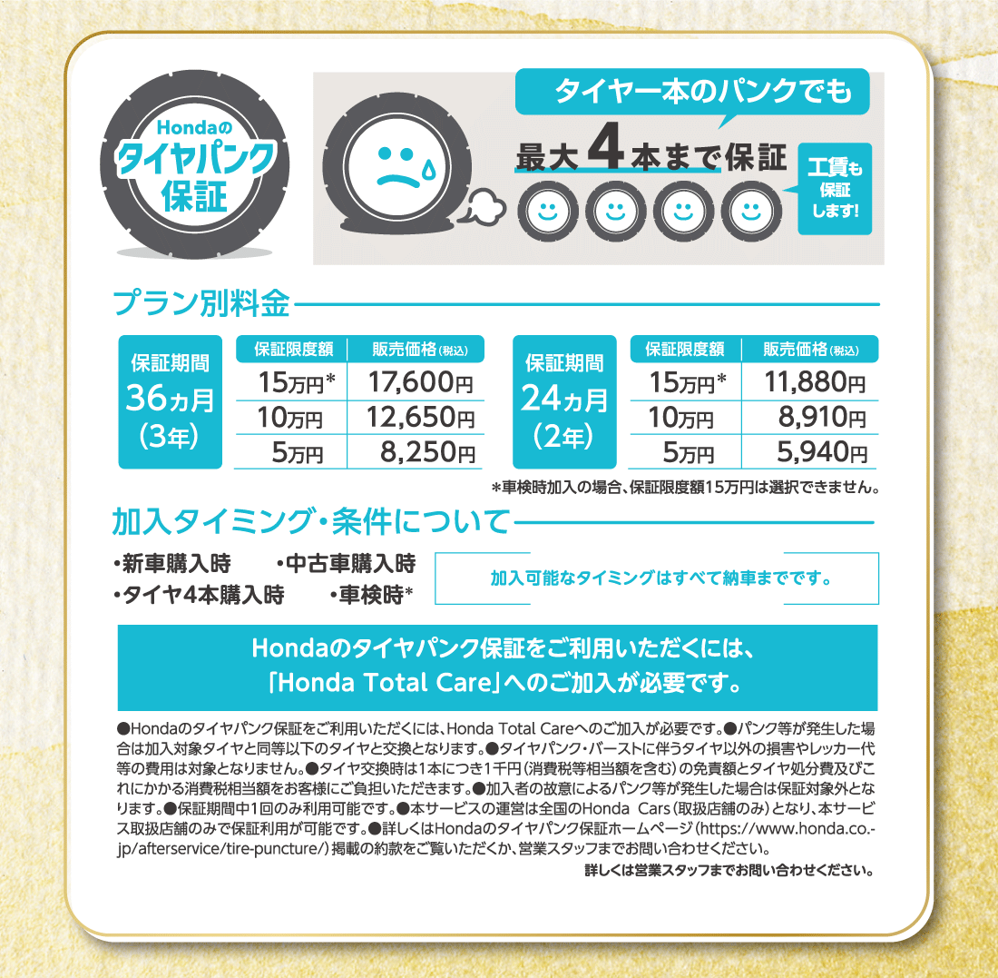 Hondaのタイヤパンク保証タイヤ一本のパンクでも最大4本まで保証工賃も保証します!プラン別料金保証期間36ヵ月（3年）保証限度額15万円*10万円5万円販売価格（税込）17,600円12,650円8,250円保証期間24ヵ月（2年）保証限度額15万円*10万円5万円販売価格（税込）11,880円8,910円5,940円*車検時加入の場合、保証限度額15万円は選択できません。加入タイミング・条件について・新車購入時・中古車購入時・タイヤ4本購入時・車検時*加入可能なタイミングはすべて納車までです。Hondaのタイヤパンク保証をご利用いただくには、「Honda Total Care」へのご加入が必要です。●Hondaのタイヤパンク保証をご利用いただくには、Honda Total Careへのご加入が必要です。●パンク等が発生した場合は加入対象タイヤと同等以下のタイヤと交換となります。●タイヤパンク・バーストに伴うタイヤ以外の損害やレッカー代等の費用は対象となりません。●タイヤ交換時は1本につき1千円（消費税等相当額を含む）の免責額とタイヤ処分費及びこれにかかる消費税相当額をお客様にご負担いただきます。●加入者の故意によるパンク等が発生した場合は保証対象外となります。●保証期間中1回のみ利用可能です。●本サービスの運営は全国のHonda Cars（取扱店舗のみ）となり、本サービス取扱店舗のみで保証利用が可能です。●詳しくはHondaのタイヤパンク保証ホームページ（https://www.honda.co.jp/afterservice/tire-puncture/）掲載の約款をご覧いただくか、営業スタッフまでお問い合わせください。詳しくは営業スタッフまでお問い合わせください。