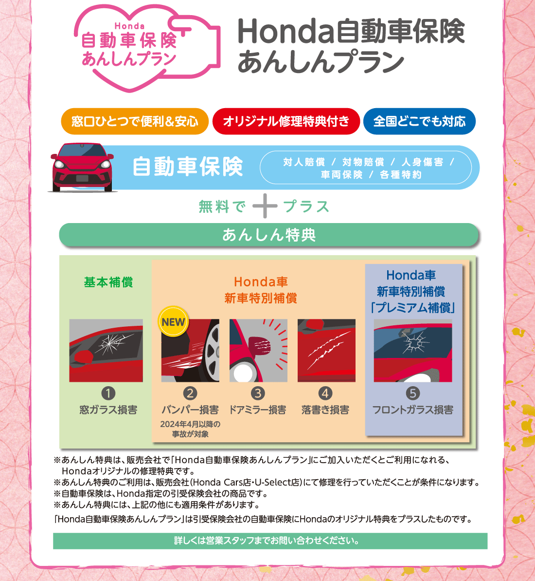 Honda自動車保険あんしんプラン窓口ひとつで便利&安心オリジナル修理特典付き全国どこでも対応自動車保険対人賠償/対物賠償/人身傷害/車両保険/各種特約無料で+プラスあんしん特典基本補償❶窓ガラス損害Honda車新車特別補償NEW❷バンパー損害2024年4月以降の事故が対象❸ドアミラー損害❹落書き損害Honda車新車特別補償｢プレミアム補償｣❺フロントガラス損害※あんしん特典は、販売会社で「Honda自動車保険あんしんプラン」にご加入いただくとご利用になれる、Hondaオリジナルの修理特典です。※あんしん特典のご利用は、販売会社（Honda Cars店・U-Select店）にて修理を行っていただくことが条件になります。※自動車保険は、Honda指定の引受保険会社の商品です。※あんしん特典には、上記の他にも適用条件があります。詳しくは営業スタッフまでお問い合わせください。