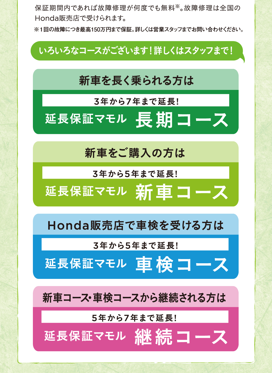 保証期間内であれば故障修理が何度でも無料※。故障修理は全国のHonda販売店で受けられます。いろいろなコースがございます!詳しくはスタッフまで!3年から7年まで延長!延長保証マモル長期コース・新車をご購入の方は3年から5年まで延長!延長保証マモル新車コース・Honda販売店で車検を受ける方は3年から5年まで延長!延長保証マモル車検コース・新車コース・車検コースから継続される方は5年から7年まで延長!延長保証マモル継続コース