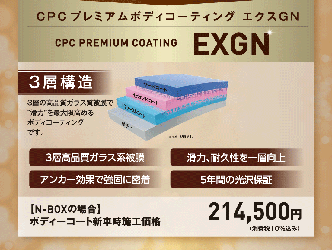 CPCプレミアムボディコーティング エクスGNvEXGN3層構造3層の高品質ガラス質被膜で“滑力”を最大限高めるボディコーティングです。3層高品質ガラス系被膜滑力、耐久性を一層向上5年間の光沢保証【N-BOXの場合】ボディーコート新車時施工価格214,500円（消費税10%込み）